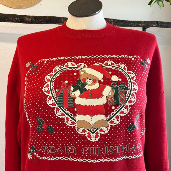 Vintage 90s Red Holiday Berry Christmas Bear Crewneck Sweatshirt Size XL USA - Picture 2 of 11